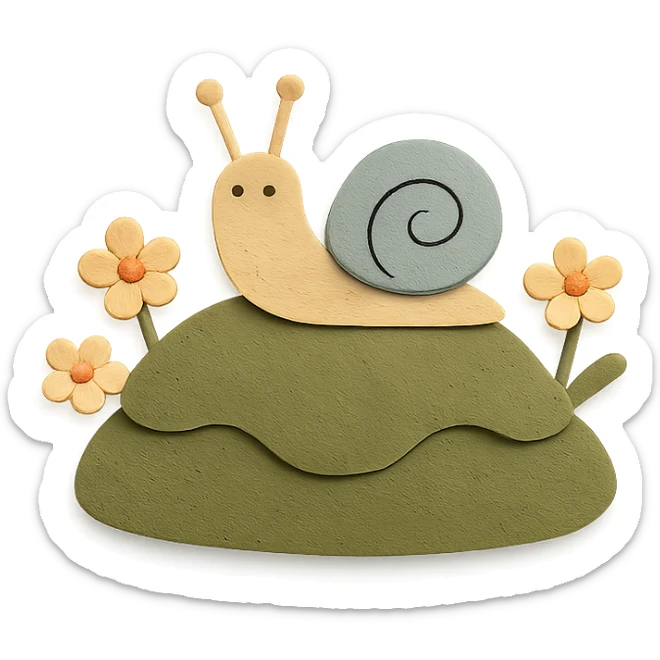 mossy rock with snails and small flowers in earthy pastel colors, paper craft style sticker