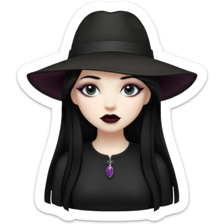 Female Goth with Wide-Brim Hat
 Long straight black hair, white skin, black dress, wide hat casting shadow over eyes. sticker