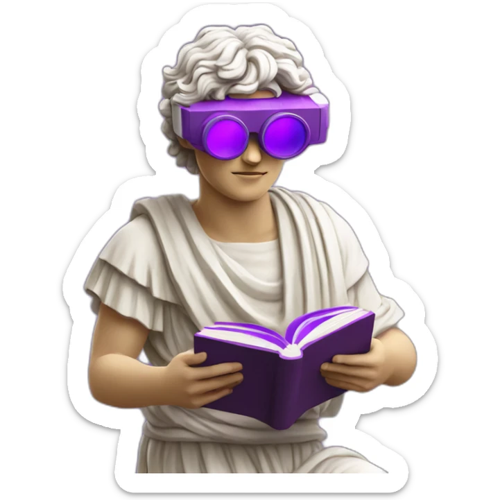 an EMOJI OF A ancient young greek statue reading a book, wearing VR glasses, purple colors, DIGITAL UNIVERSE sticker