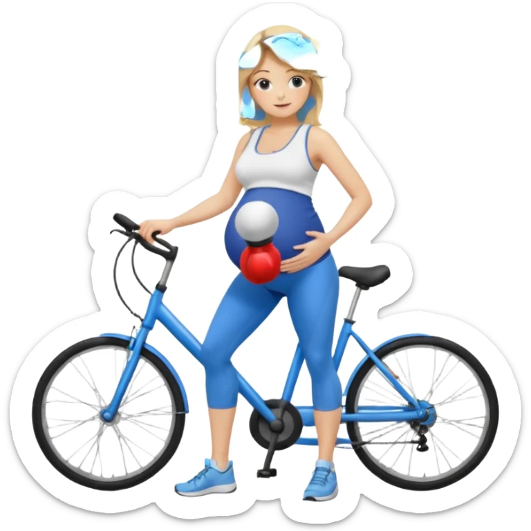 Woman blonde hair white tank top blue leggings pregnant belly holding a bike pump sticker