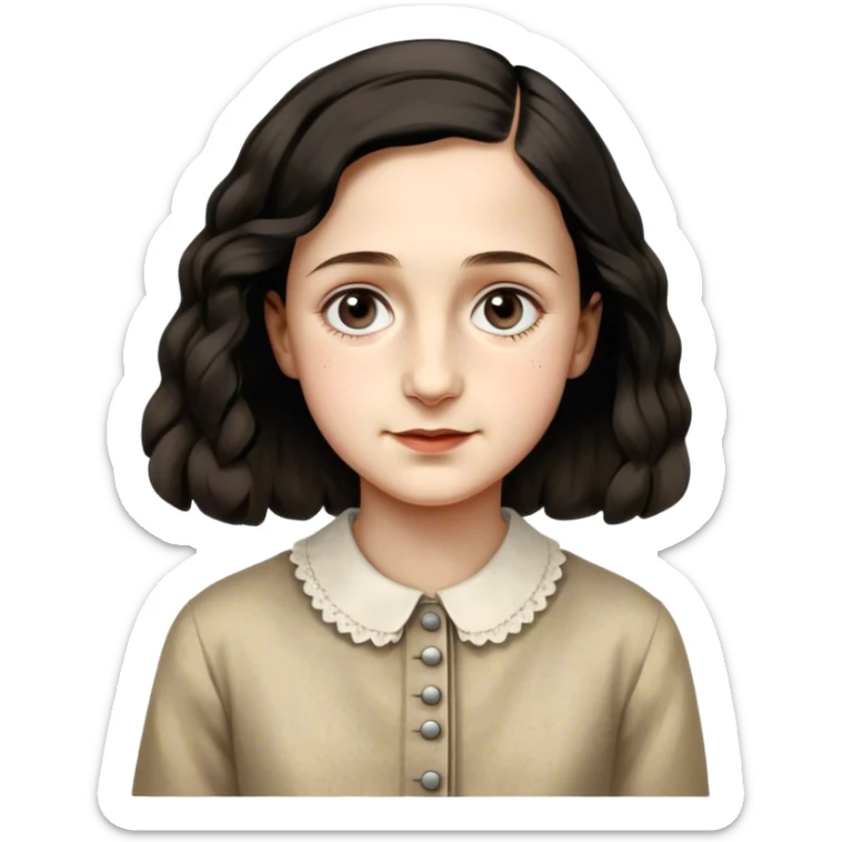 Anne Frank – Cinematic Realistic Portrait of Anne Frank, depicted with a reflective, gentle expression in period clothing, her eyes conveying hope and resilience, rendered with soft, natural lighting and delicate textures that capture the poignancy of her legacy. sticker