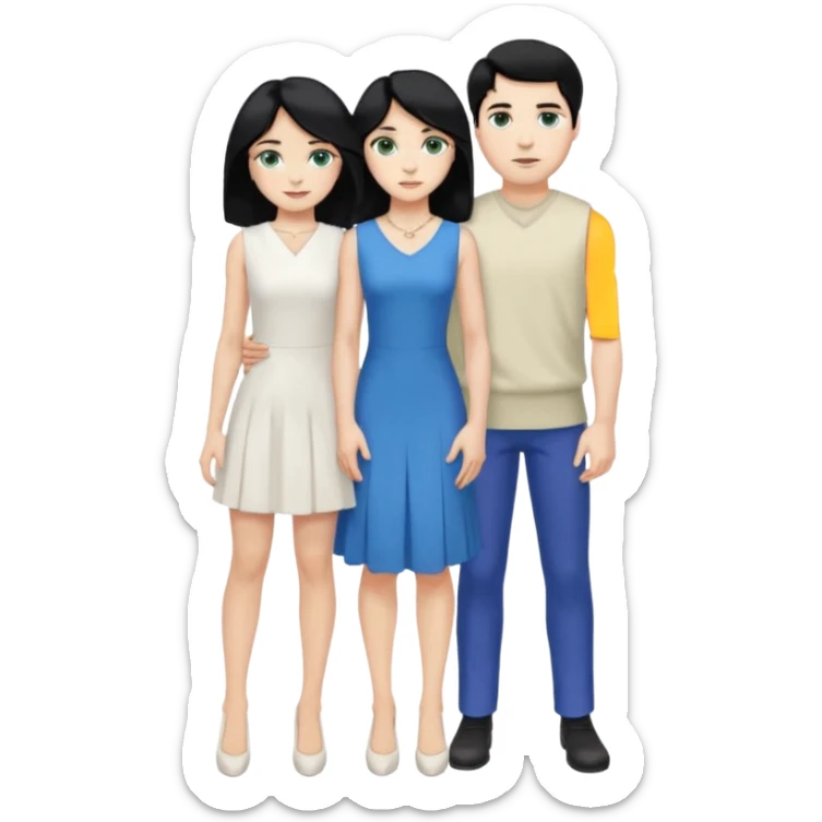 prince, standing upright, black Hair, blue eyes, garment, and woman, bending knee, sleveless white dress, blonde hair, green eyes, sticker