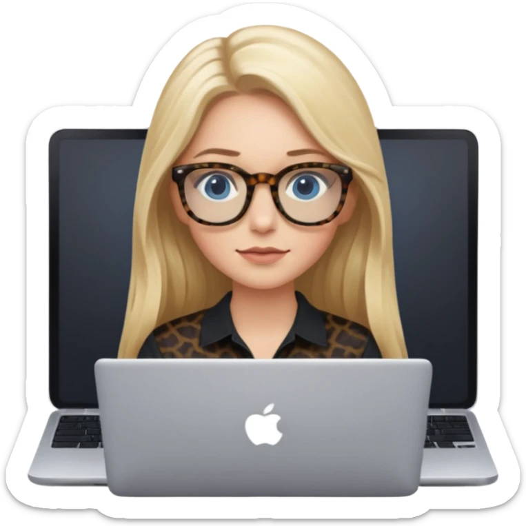 long blonde hair woman blue eyes on mac lap top with tortoise shell print glasses with black shirt sticker