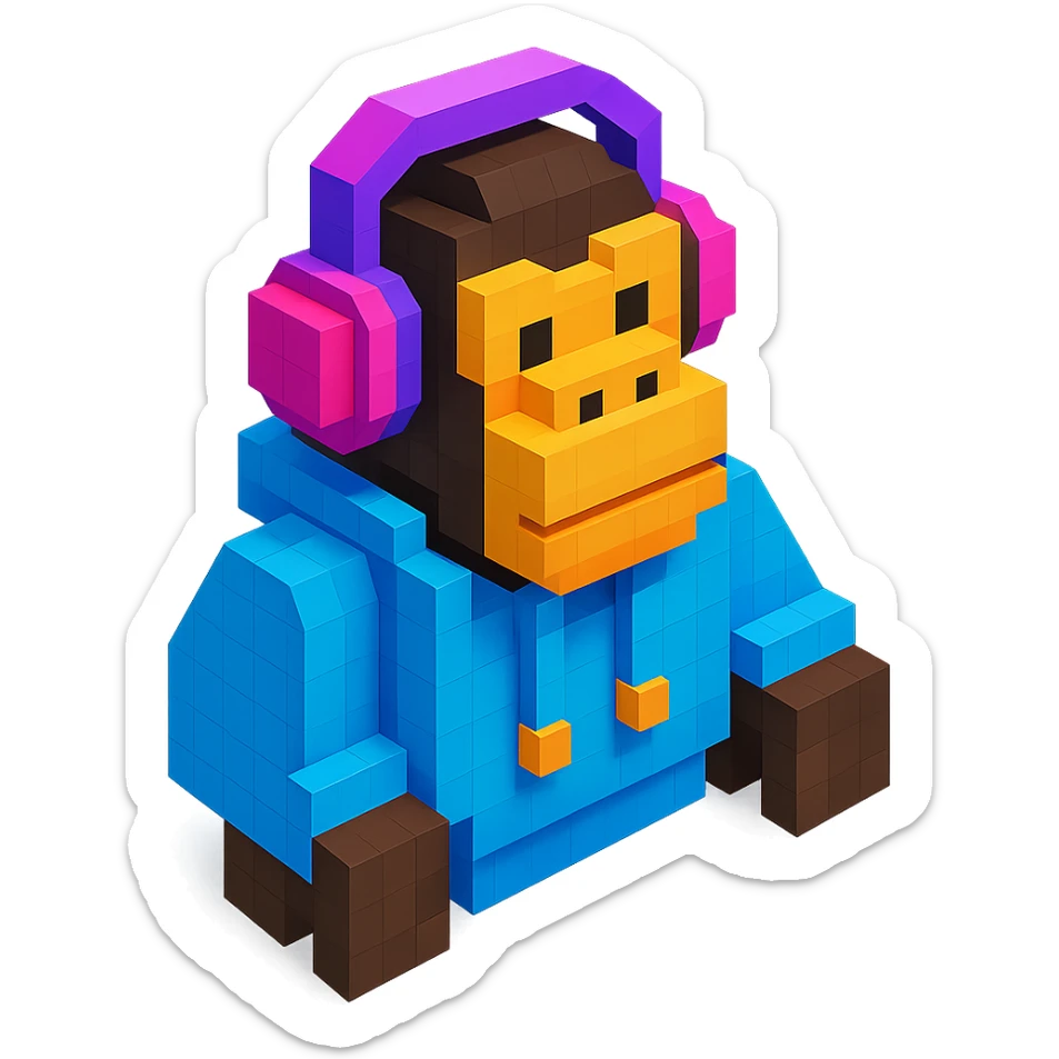 voxel style gorilla with headphones, wearing a hoodie, isometric view sticker