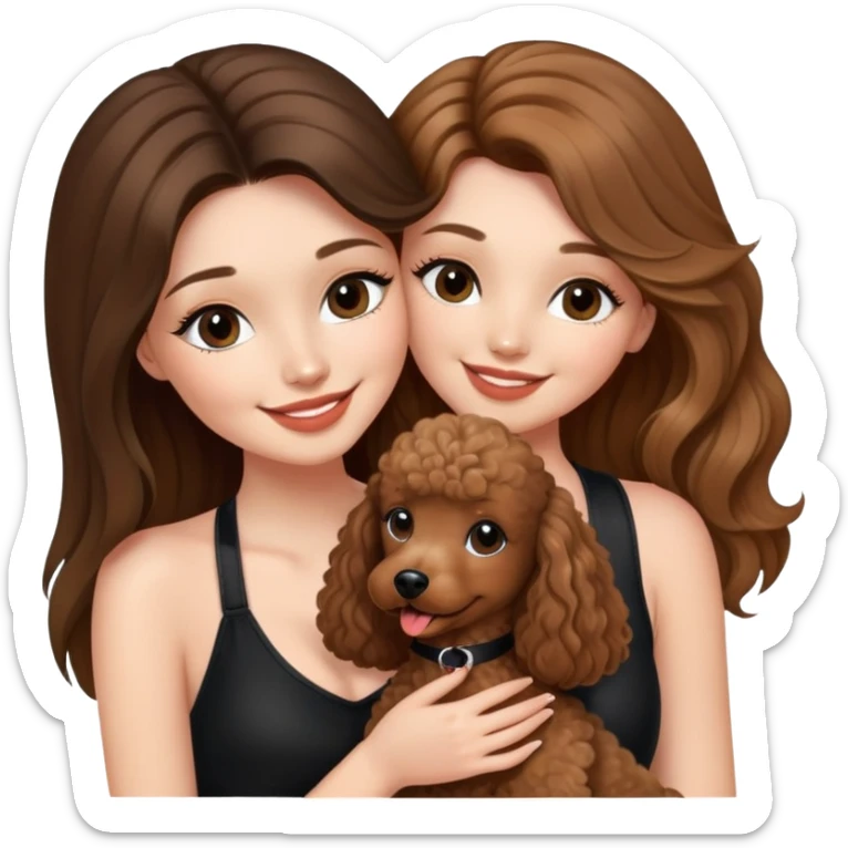 a girl with long balayage straight hair and long lashes, smiling, wearing black halterneck top, and holding and kissing a brown poodle sticker