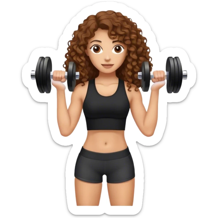 white woman with long brown curly hair in black top and shorts holding dumbbell sticker