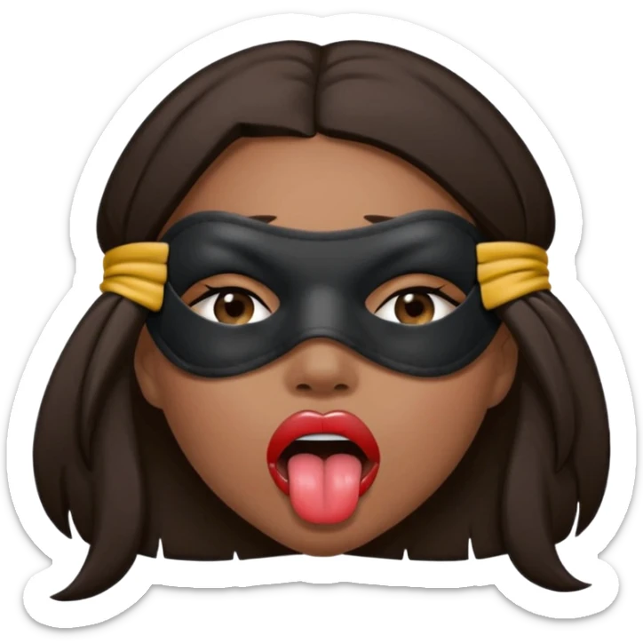 woman with dark brown hair wearing black blind fold completely covering her eyes. tongue out and saliva coming from mouth sticker
