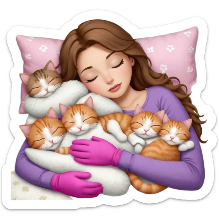 girl with long wavy brown hair, brown eyes, long lashes makeup, sexy pink lips, light to medium complexion,  sleeping on a cozy pillow, with 6 cats: 1 brown and white tabby cat, 1 ginger and white, 2 grey and white, 1 grey with white mittens and small white patch on chest and 1 calico, sleeping sticker