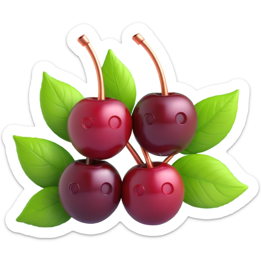 3d emoji of a cherry with two cherries and a leaf, glossy dark red cherries with copper stems and vibrant green leaves, realistic texture and lighting sticker