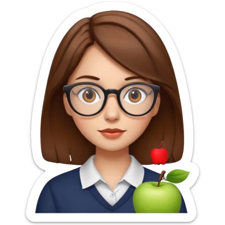 emoji of a young woman with glasses and brown hair, Apple style sticker