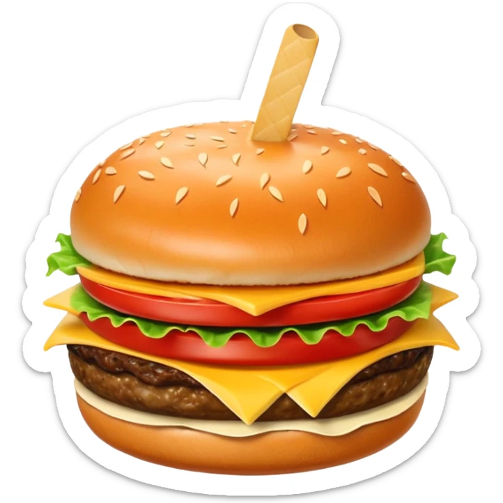 Hamburguesa con una carne, queso derretido, una rebanada de tomate, lechuga, una rebanada de piña. Colocar encima del pan una aceituna con un palillo sticker