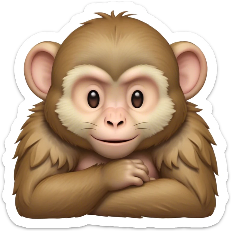 Beautiful and Majestic Cheeky Macaque Portrait Emoji, Head resting in a relaxed, contented smirk with eyes half-closed in a dreamy, playful slumber, showcasing soft, gently ruffled fur and a compact, agile build, Simplified yet exquisitely endearing features, highly detailed, glowing with a soft, radiant light, high shine, serene yet mischievous, stylized with an air of refined playful charm, soft glowing outline, capturing the essence of a beautiful and majestic macaque that embodies both cheeky humor and gentle elegance! sticker