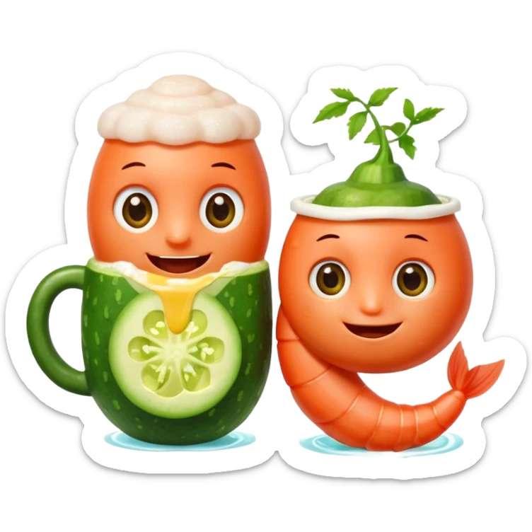 Emoji-style food mascots, NOT human.
Two cute shrimp characters, simple cartoon faces, big round eyes, small smiles.
One shrimp holding a beer mug with foam, the other holding an aguachile bowl with cucumber and chili.
Flat + soft 3D style, clean shapes, no human facial details, no realistic skin.

 sticker