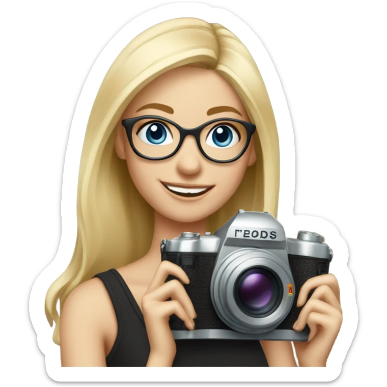Elegant real blonde girl with glasses smiling blue eyes taking pictures with a camera  sticker