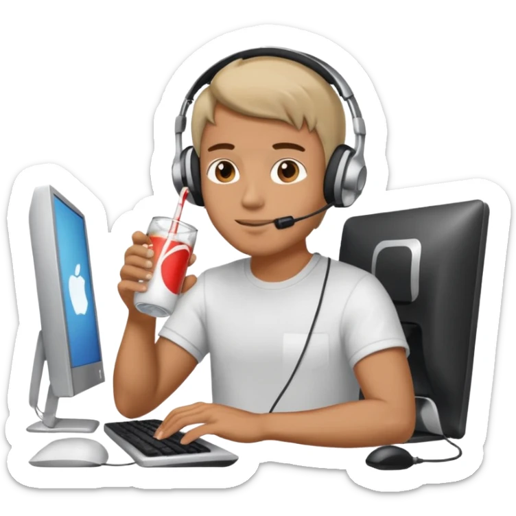 Hombre tomando blanco un refresco frente a un ordenador sticker