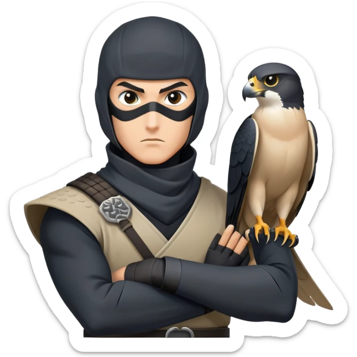 clash-of-clans-aesthetic_-cinematic-mysterious-male-ninja-portrait-emoji, rendered in a flat, vector-style with minimal shading and bold, simplified shapes, with a head slightly turned revealing intense, focused eyes. the ninja has his arm out and perched on top of it is  a peregrin falcon  sticker