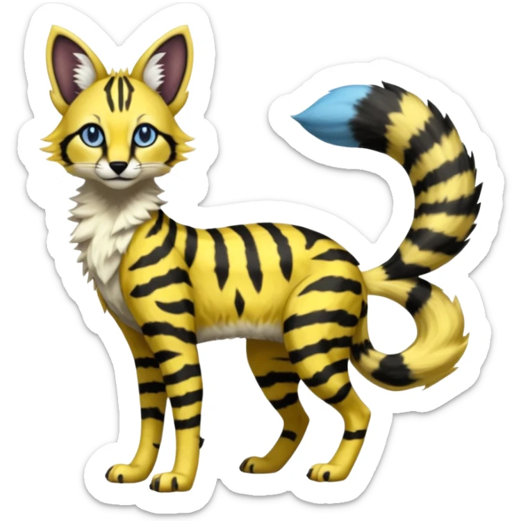  spotted hype-realistic, black-maned, vibrant yellow Genet-Serval-Sergal-Margay-Fox-fusion-hybrid-furry-fursona, full body, with a long puffy fluffy black-and-white-striped tail, black long big ears, with natural blue eyes sticker