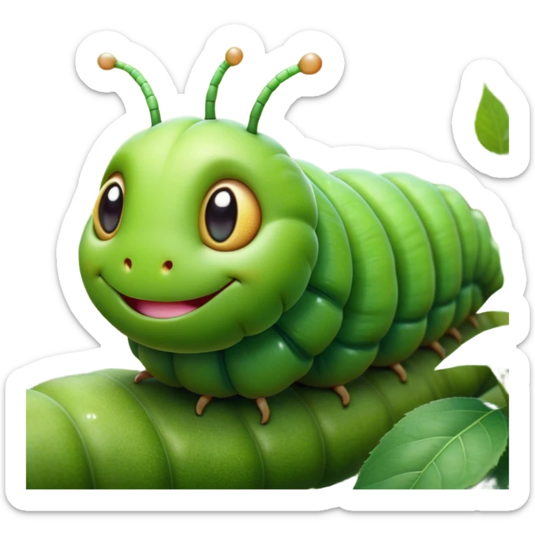 Cinematic Realistic Cute Caterpillar Portrait Emoji, Head tilted playfully and inquisitively, featuring a compact, segmented body in bright, vibrant green with delicate, inviting textures and a charming, rounded face with sparkling eyes full of curiosity, rendered with lifelike detail and natural highlights, high shine, affectionate and spirited, styled with a touch of garden whimsy, soft glowing outline, capturing the essence of a mischievous yet lovable caterpillar that seems poised to crawl cheerfully into your arms! sticker