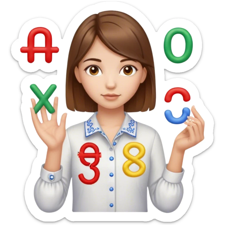 A Ukrainian girl with brown hair wearing an embroidered shirt holds mathematical signs in her hand sticker