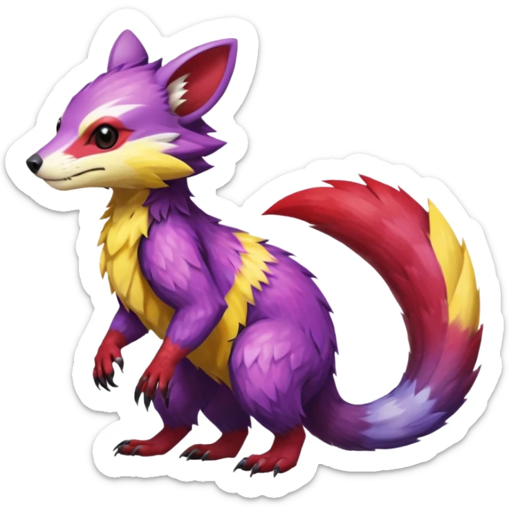 Purple, red, yellow Trico-Sergal-Furret-Ferret-Wolverine-Vernid-fusion-Fakemon-animal-hybrid-creature, full body sticker