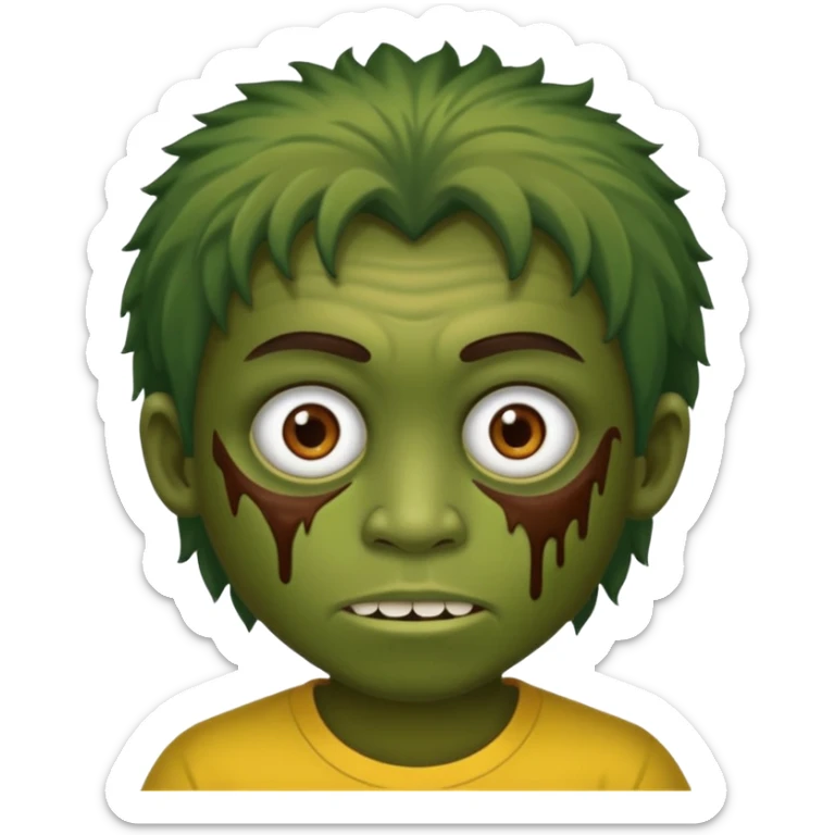 quero um emoji de um menino com pele de zumbi cabelo castanho claro e de franja, olhos menores boca fechada pele verde faça os machucados na cara inteira  sticker