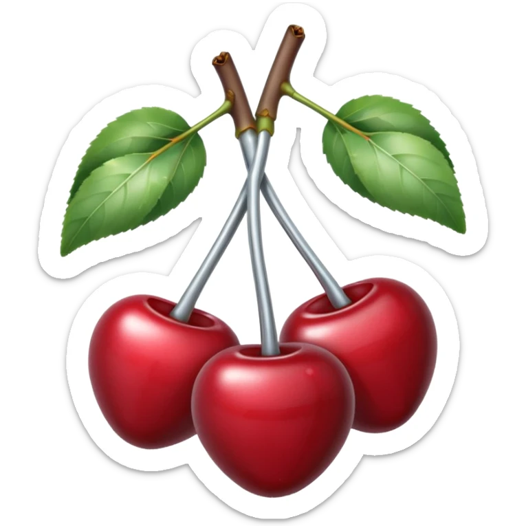 A pair of cherries emoji made of polished silver chrome, smooth rounded shapes, glossy metallic finish, soft highlights and reflections, cute proportions, iOS emoji style, centered, clean white background, no text sticker