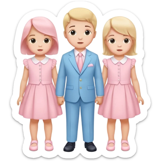 triplet toddlers with two girls in pastel pink clothes on each side and a boy in pastel blue suit in the middle sticker
