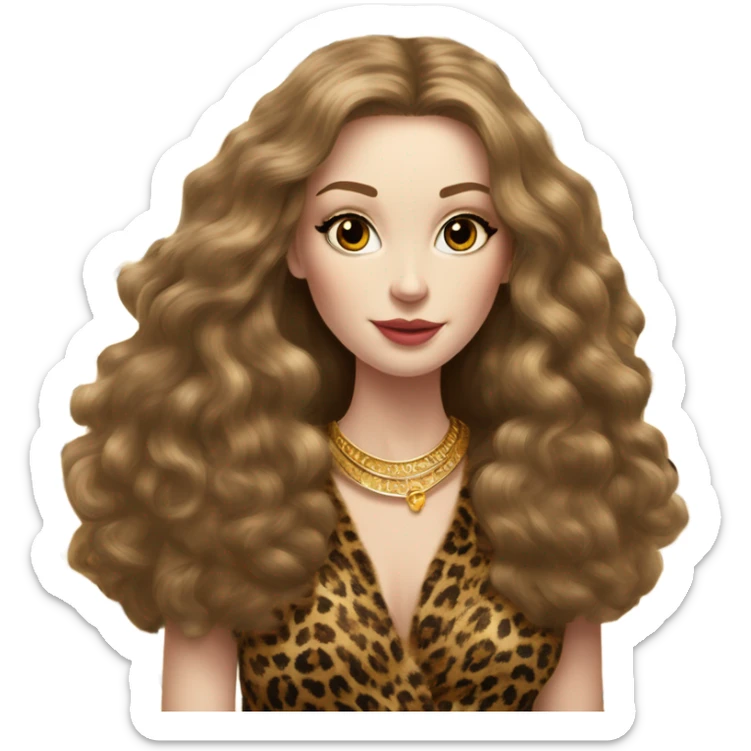 Beautiful pale skin women, long voluminous light brown hair, lots of gold jewelry, long leopard fur coat  sticker
