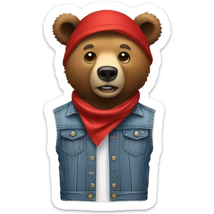 grizzly bear wearing sleeveless jean jacket and red bandana around head with open mouth sticker