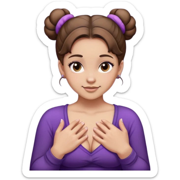 The image is a photograph of a young woman with large breasts, posing for the camera. The image is likely intended to be explicit or provocative, given the woman's partial nudity and the focus on her breasts. * **Woman** + Age: Young adult + Facial expression: Slightly smirking + Hair: Brown, styled in two buns + Skin tone: Light * **Breasts** + Size: Very large + Shape: Rounded + Position: The woman is holding her hands to cover her nipples, which are labeled "A" and "L" respectively. * **Background** + Color: Dark purple + Texture: Slightly rough * **Overall Impression** + The image has a sensual and provocative tone, with the focus on the woman's breasts and body. In summary, the image is a close-up photograph of a young woman with large breasts, posing for the camera with her hands covering part of her nipples. The background is a dark purple color, and the overall impression is one of sensuality and provocation. sticker