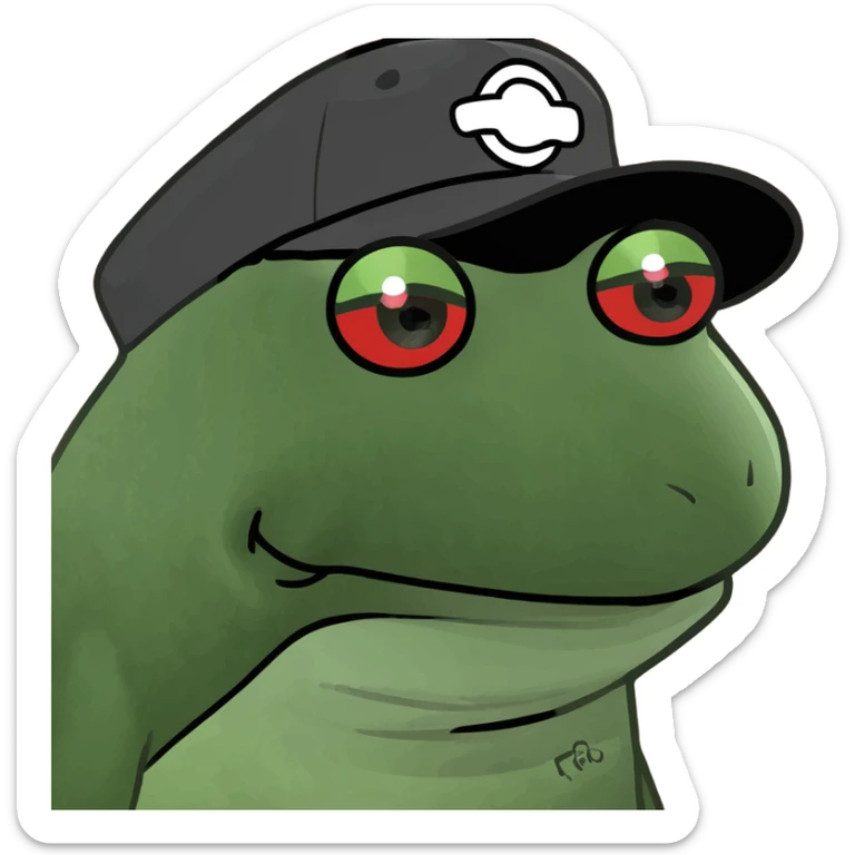 chaotic red Pepe the Frog with laser eyes, Fogo.io logo on hat, surrounded by crypto symbols, cartoonish, bold, meme-inspired, red color palette, slightly chaotic, Discord sticker sticker