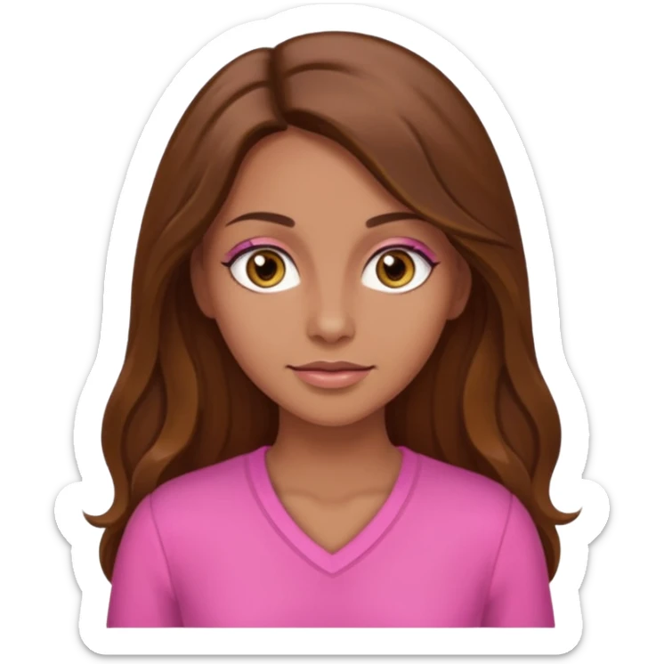 Tan skinned woman with long brown hair, hazel colored eyes, and wearing a pink outfit. sticker