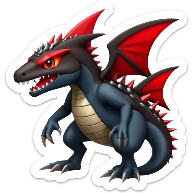 Edgy cool spiky scaly badass punky handsome elegant tough Meloetta-Guilmon-Garchomp-Sharpedo-Darkrai-Pokémon-Fakémon-fusion-hybrid-creature sticker
