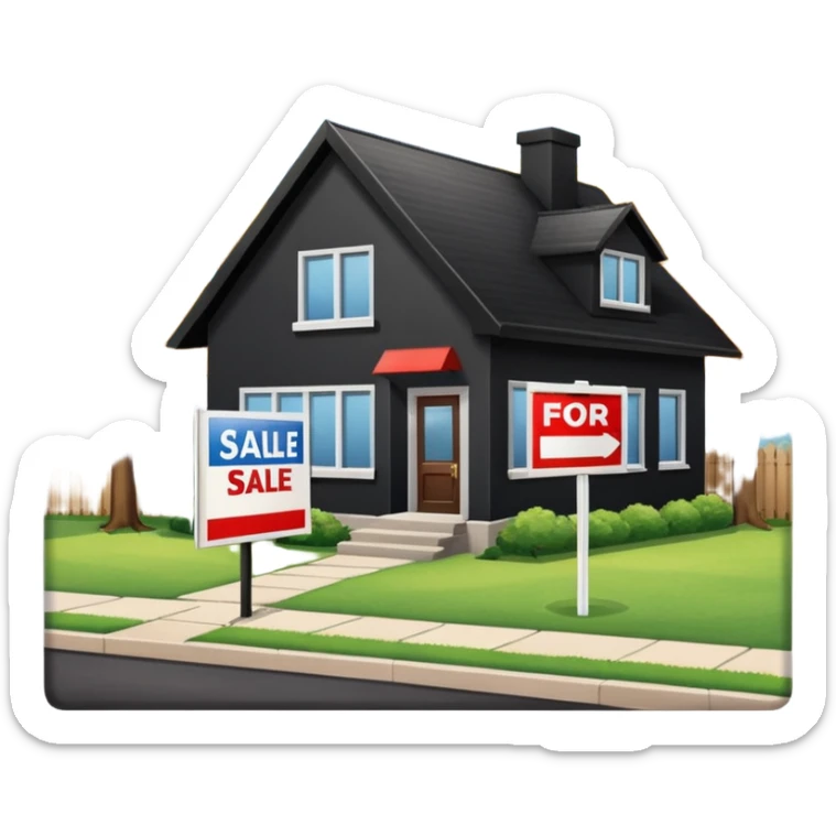 pic of house with for sale sign in yard, next to a bank sticker