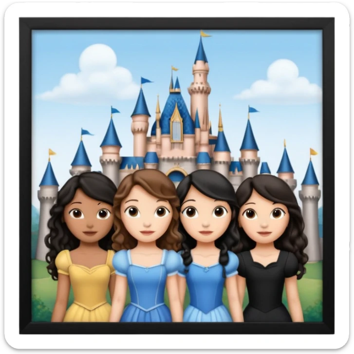Quiero que crees una imagen donde este el castillo de Disney y por detrás o delante pon a quatro chicas: una con el pelo largo rizado marrón , otra con el pelo corto negro, otra con el pelo mediano liso marrón y otra con el pelo negro largo liso sticker