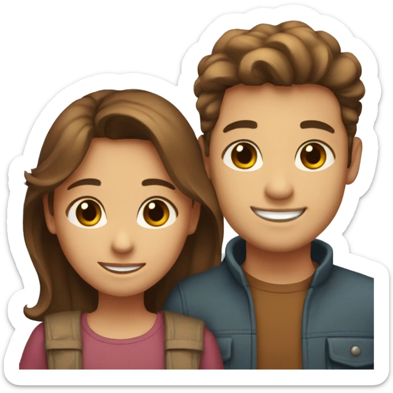 the couple hugs with warm smiles. a young girl with long brown hair and brown eyes, a young guy with brown short hair and brown eyes sticker