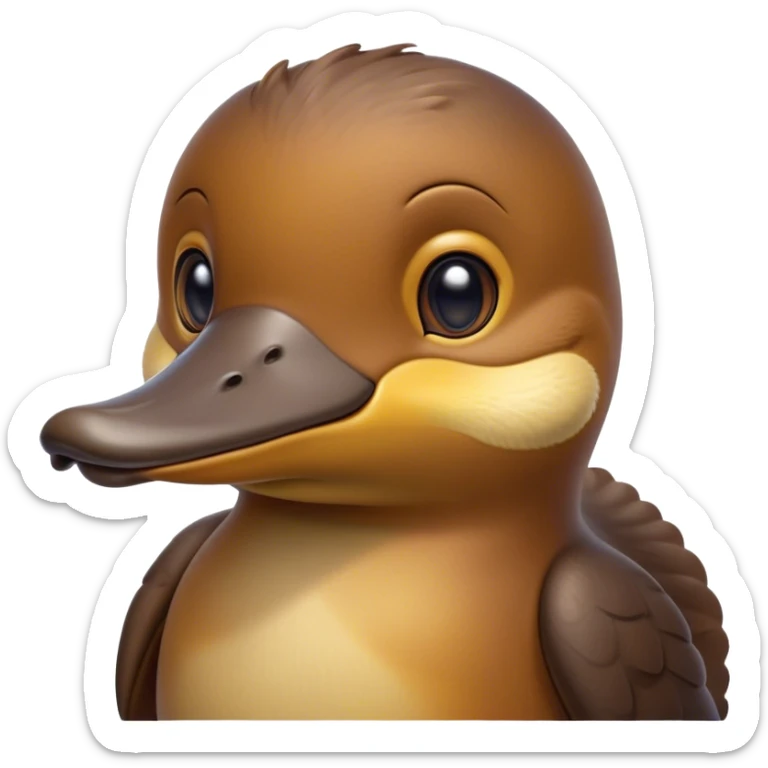 Cinematic Noble Platypus Portrait Emoji, Poised and regal, with a uniquely streamlined build and a sleek brown fur, a distinctive flat duckbill and broad, beaver-like tail, deep-set soulful eyes full of wonder, Simplified yet sharp and sophisticated features, highly detailed, glowing with a soft, dignified glow, high shine, intelligent and enigmatic, stylized with an air of aquatic curiosity, focused and attentive, soft glowing outline, capturing the essence of a watchful and confident oddity, so majestic it feels as though it could glide out of the screen with effortless authority! sticker