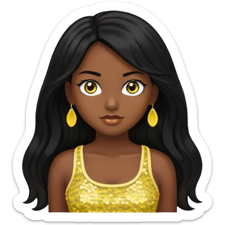 Christie from Barbie & Friends with brown eyes, long black hair, yellow sequin crop top, dark skin sticker