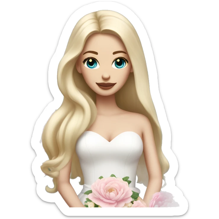 White bride with long light blonde hair and blue eyes with light pink peonies in hair white skin  sticker
