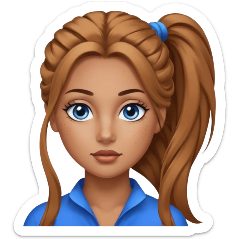 Attractive Woman with tan skin, baddie style, blue eyes, wide face, freckles, and a long voluminous ponytail and dark eye makeup sticker