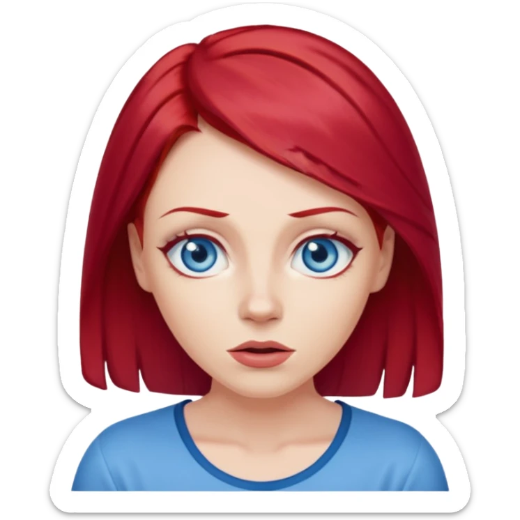create a woman shrugging emoji, she is white, has blue eyes and cherry red hair sticker
