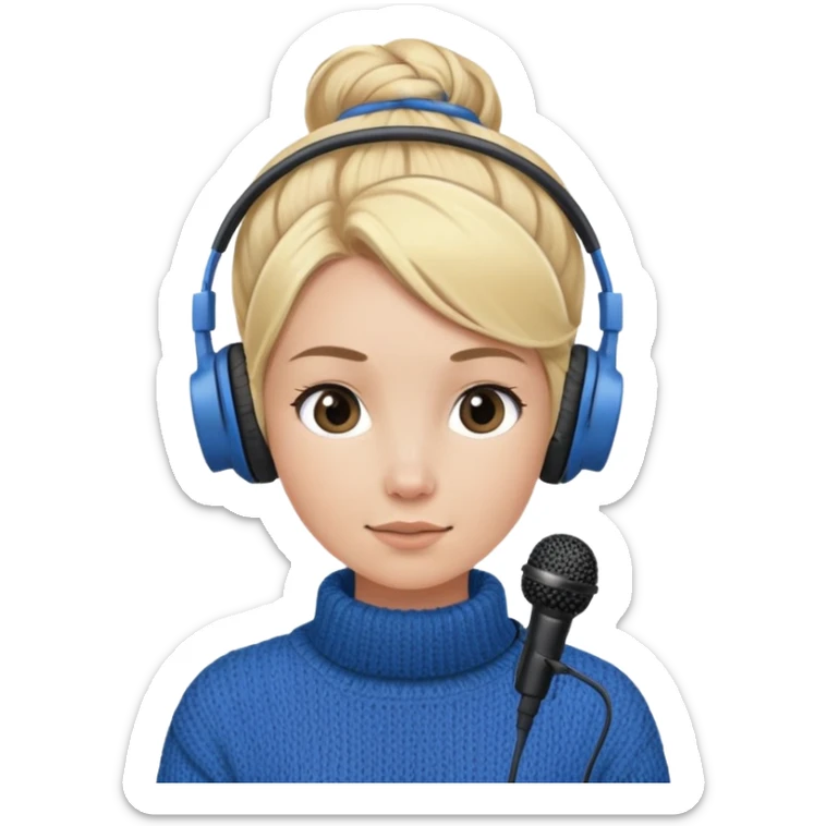 a girl with blue knitwear with a blonde hair
bun and her job is a podcaster (microphone
in front of her face and a headphone in her head) sticker