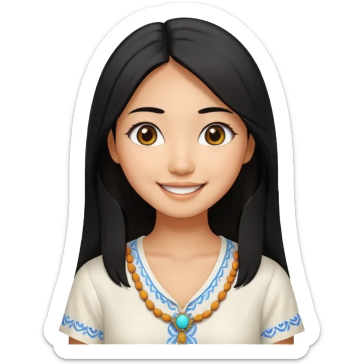 30 yr old asian woman center parted hair big eyes big smile tanned skin straight black hair hippie part hair white blouse sticker