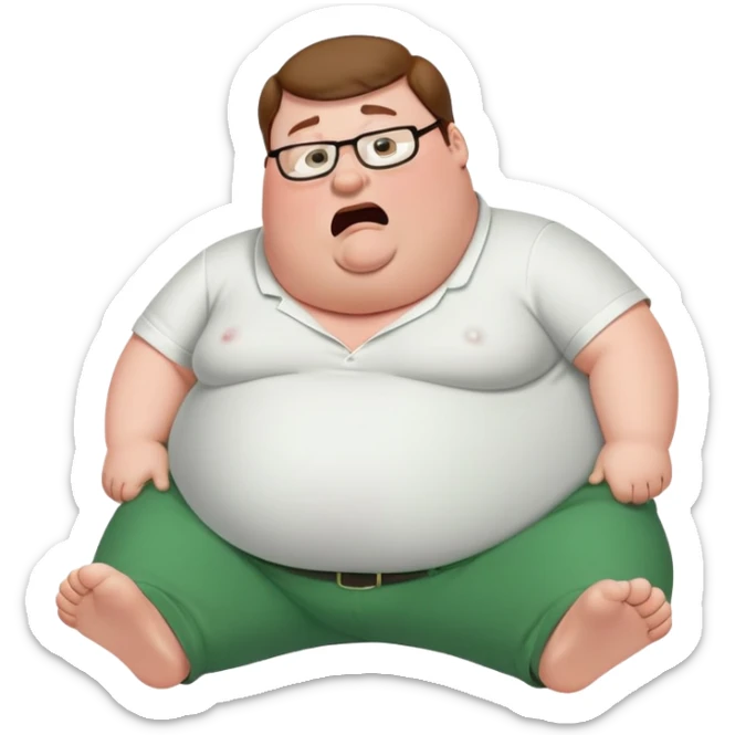 Peter Griffin from Family Guy with a very large pregnant belly, laying down on his back, sweating profusely, wearing green pants and white shirt sticker
