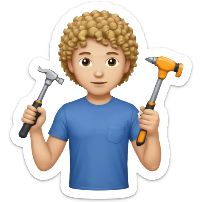 a guy who looks very handsome, has curly hair,  wears a tee shirt and holds a screwdriver in one hand and a  hammer in the other sticker