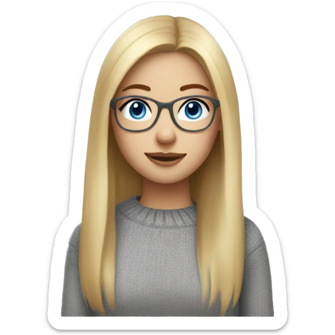 girl with blond long straight hair, ,blue eyes, mini nose and cute glasses in grey sweater sticker