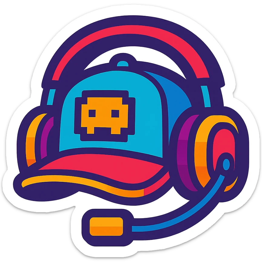 stylized cap with headphones pixel art details merging rapper and gamer aesthetics fun colorful style streaming community badge sticker