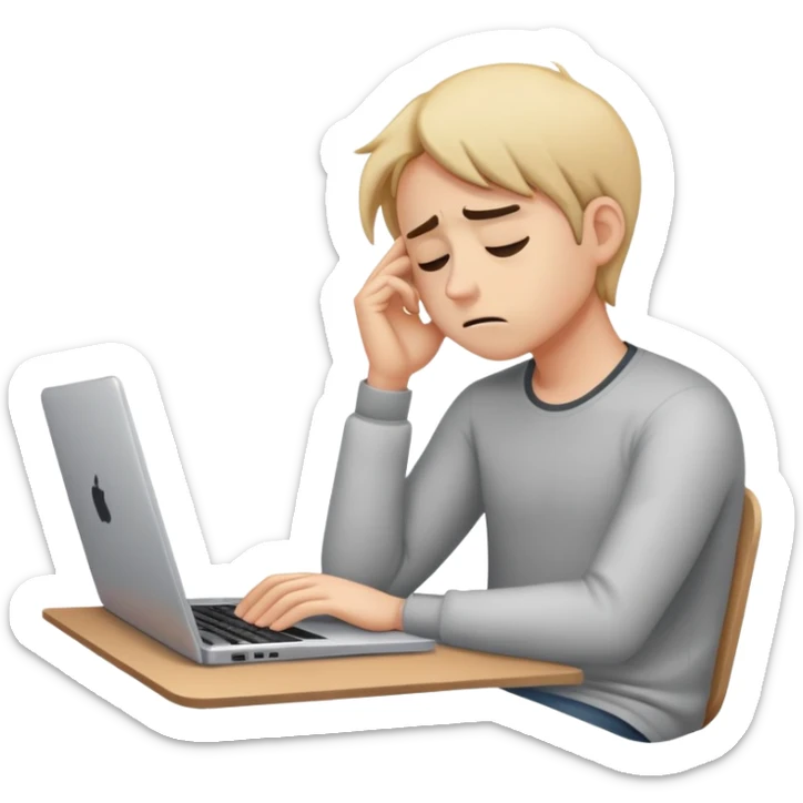 Create an emoji of a tired person sitting at a laptop, looking exhausted and frustrated. They have slouched posture, representing overwork and burnout. sticker