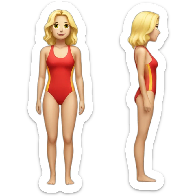 Female Blonde lifeguard wearing a red one-piece swimsuit, full body sticker