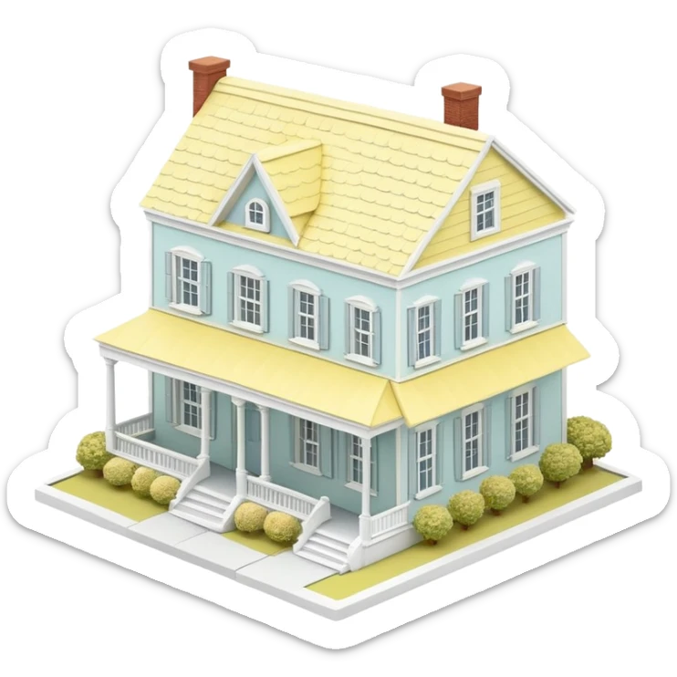 charleston pastel row home dollhouse, 3d isometric, pastel yellow and white, realistic sticker
